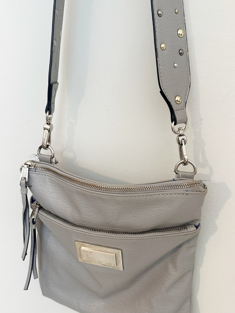 Juicy Couture Faux Leather Grey Studded strap crossbody purse